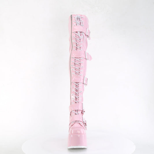 Demonia Cult Essential | "Camel-305" Boots - Baby Pink Stretch Hologram