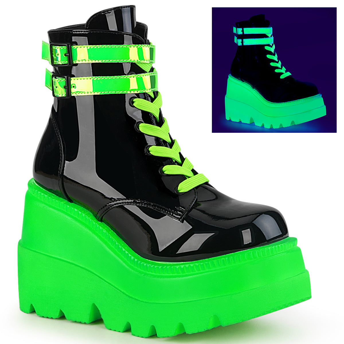 Demonia Cult Everyday | "Shaker-52" Boots - Black Patent-UV Neon Green