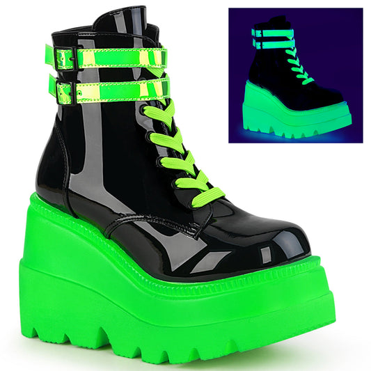 Demonia Cult Everyday | "Shaker-52" Boots - Black Patent-UV Neon Green
